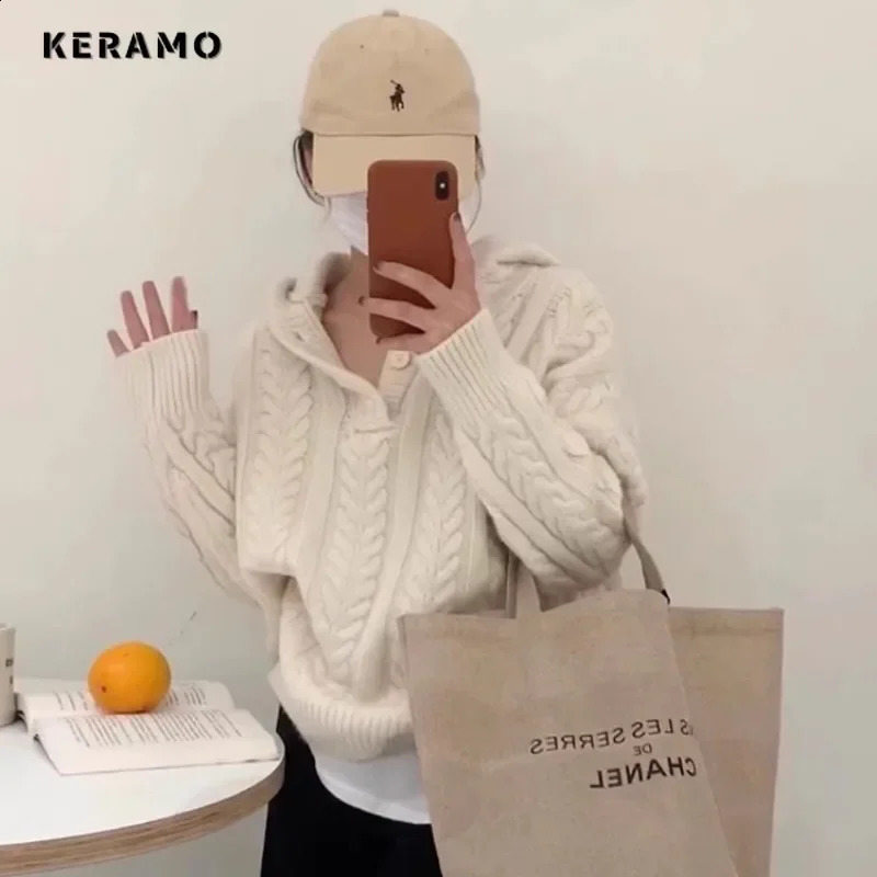 Winter Casual Knitting Long Sleeve Round Neck Hooded Pullovers For Women Vintage Solid Color Knitwear Sweater Retro Top 240824