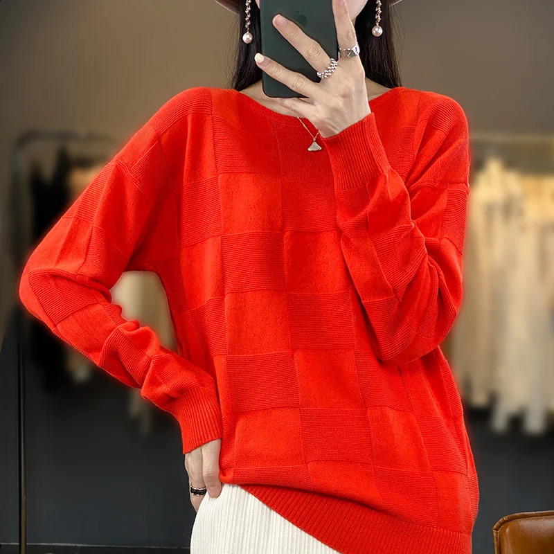 Autumn Winter Women 100% Cotton Soft Sweater Round Collar Square Pattern Pullover Loose Fashion Knitwear Casual Base Top 240824