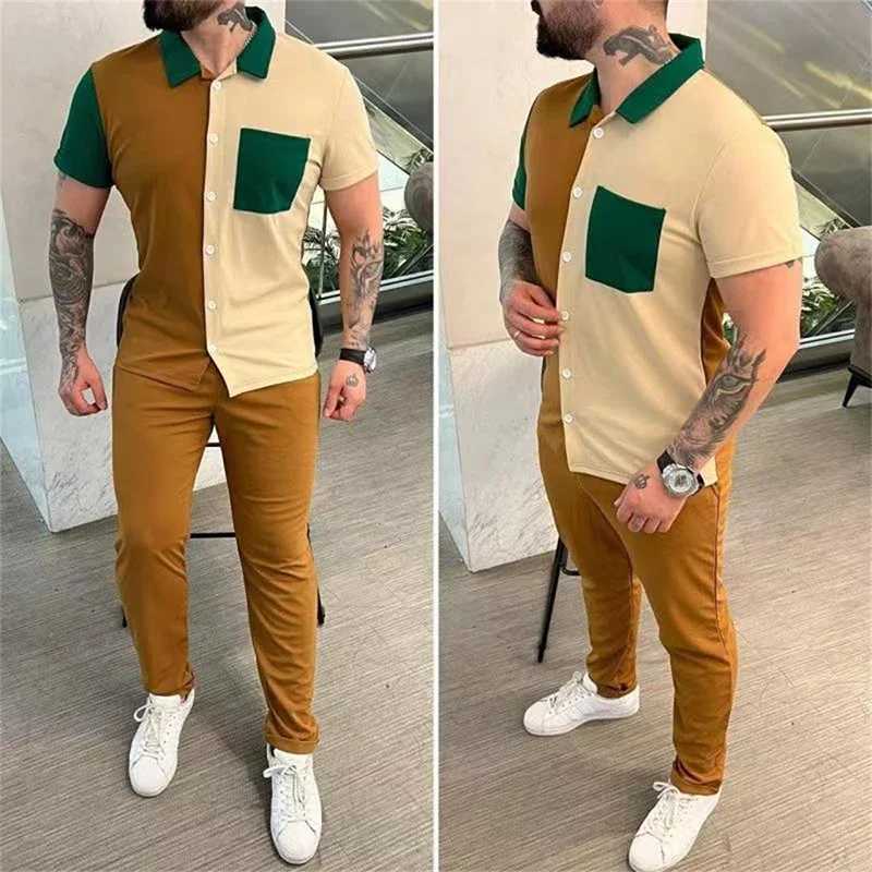Men's Tracksuits Sports two-piece mens fashion patch work shirt and pants set mens classic style track and field clothing casual mens clothing J2