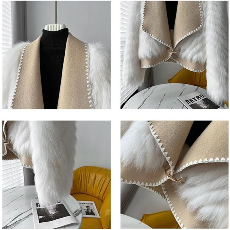 Artificial fox fur car striped coat womens winter collar highend short doublesided wool fashionable open top thick 240824
