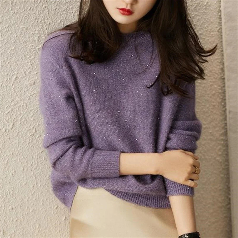Korean Fashion sweater womens autumn winter solid color shiny wool Pullover Sequin bottomed sweaters Basic outerwear 240824