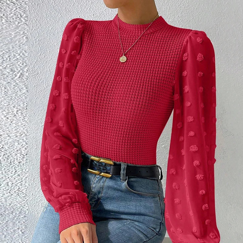 Women Solid Color Jacquard Shirts Mesh Patchwork n See Through O-Neck Puff Long Sleeve Autumn Slim Pullovers Knitted Top 240824