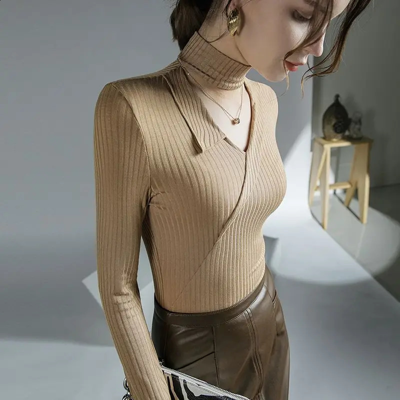Elegant Fashion Hollow Halter Solid Color All-match Long Sleeve Tops Sexy Slim Spliced Knitted Sweaters Jumpers Womens Clothing 240824