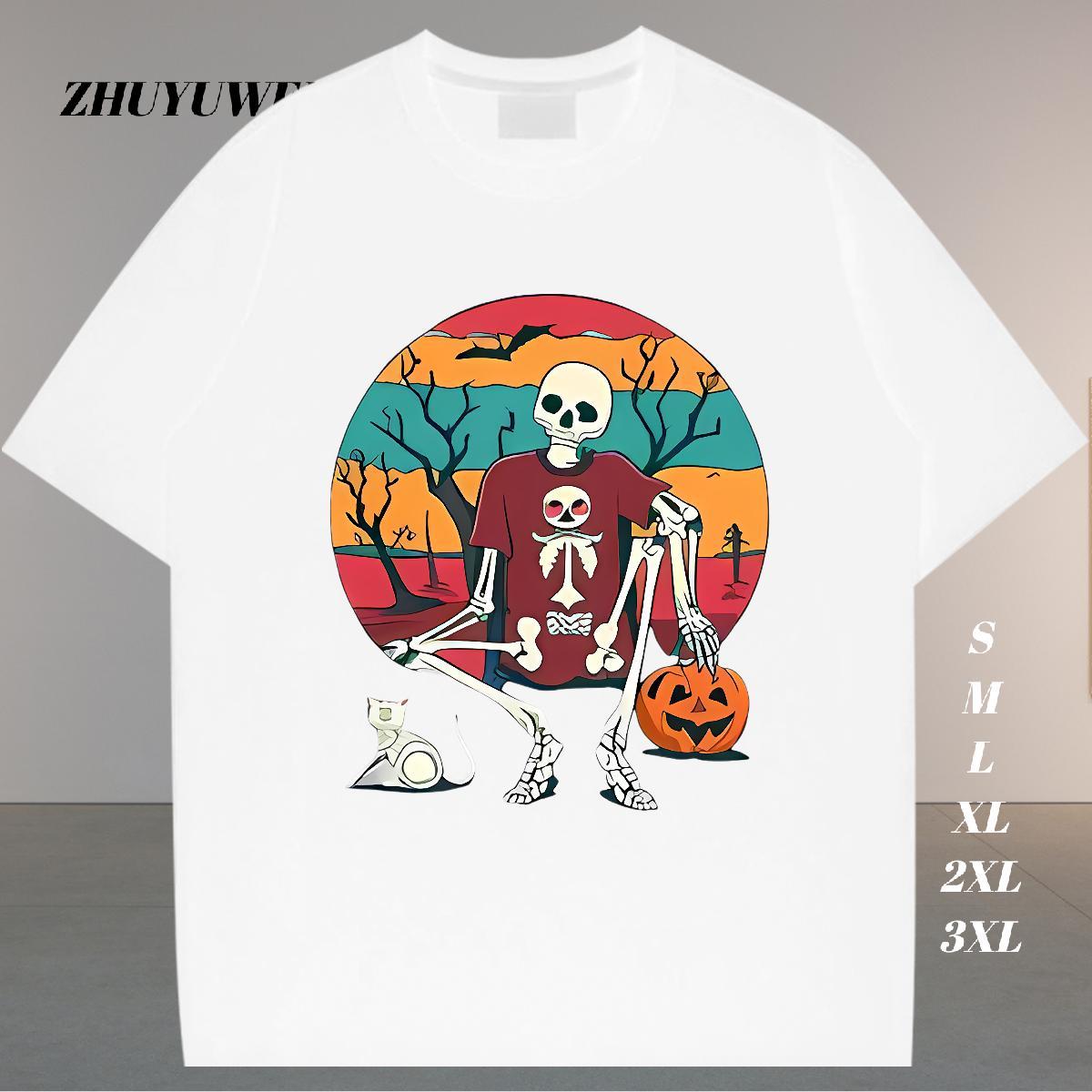 Loose Fit T-Shirts for Men 230g Pure Cotton halloween Street Casual Anime Print Crew Neck Men Clothes T-Shirt New Arrival Wear