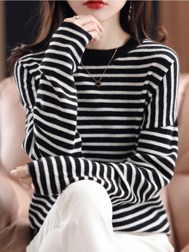 Cashmere Elegant Striped Women Sweater Soft Warm Knitted Basic Pullovers O Neck Loose Female Sweaters Autumn Knitwear Jumper Top 240824