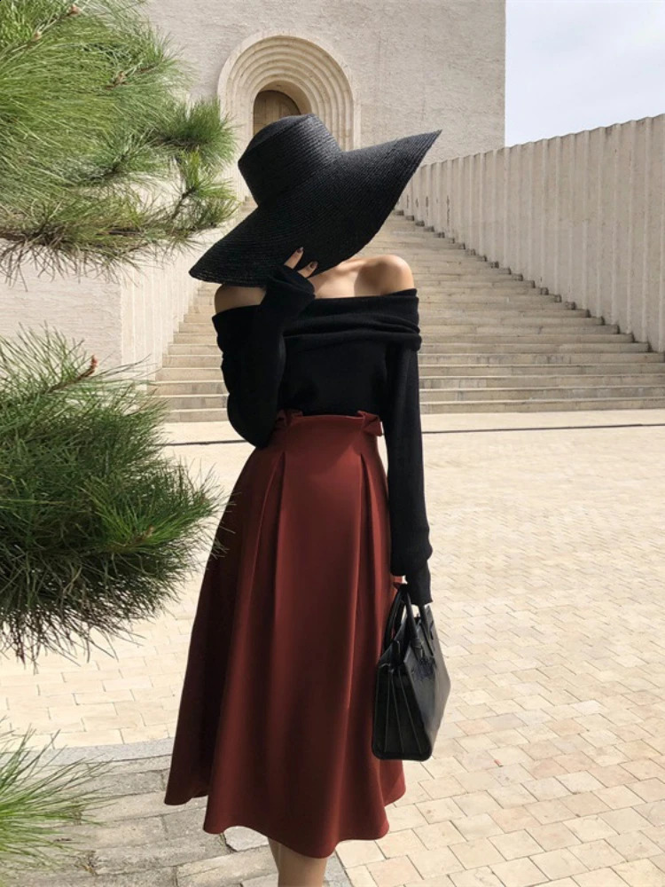 OCEANLOVE Slash Neck Solid Women Sweaters Korean Fashion Vintage Autumn Winter Pullovers Elegant Off Shoulder Slim Pull Femme 240824