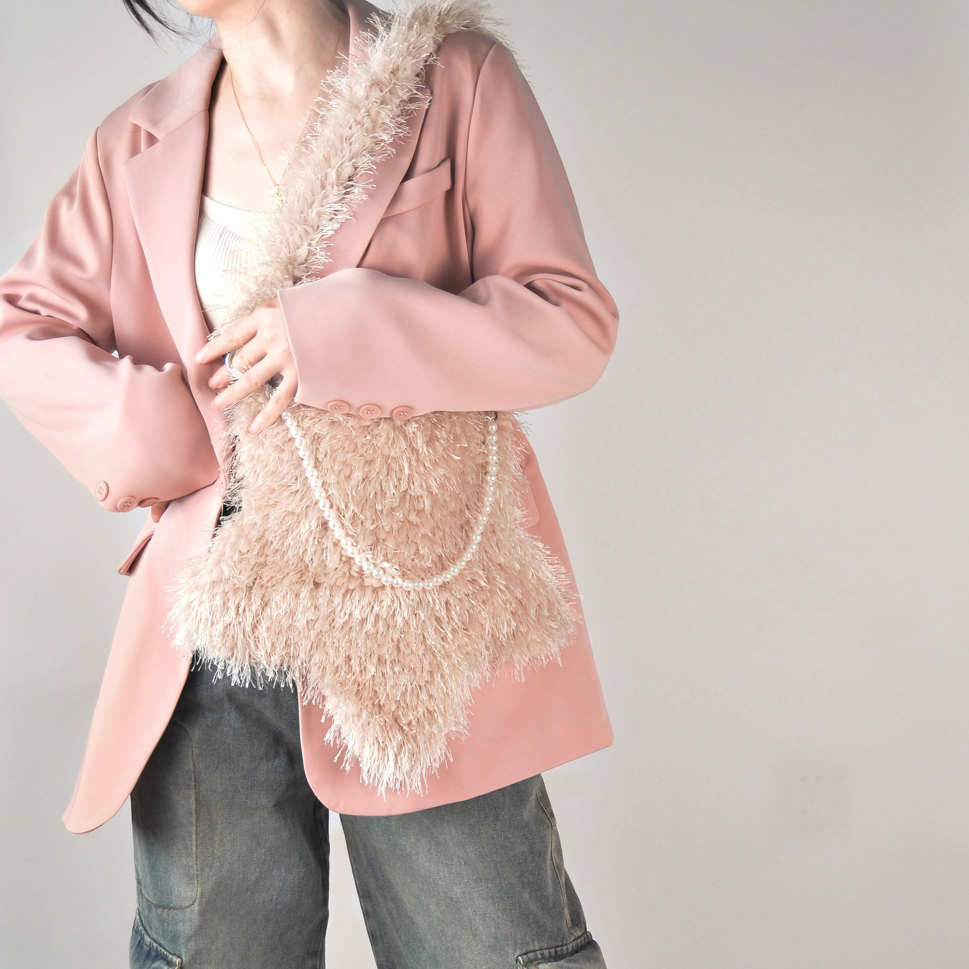 Plush bag women's tassel kapok flower cute pentagonal star pearl chain shoulder bag