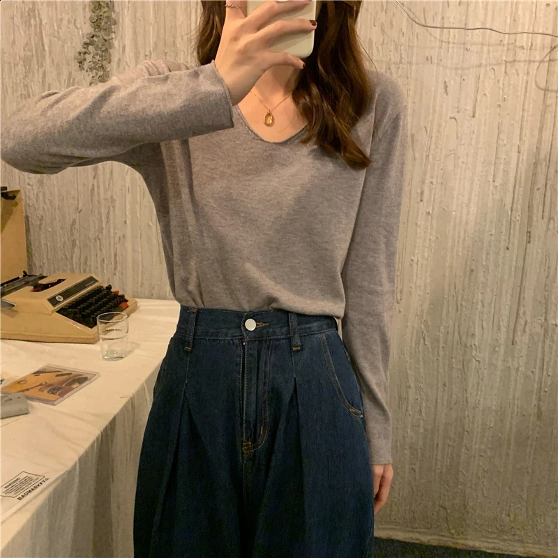 V-neck Sweater for Women Pullovers Long Sleeve Regular-fit Plain Jumper Knitwear Teen- Fall Winter Basic Outfit 240824