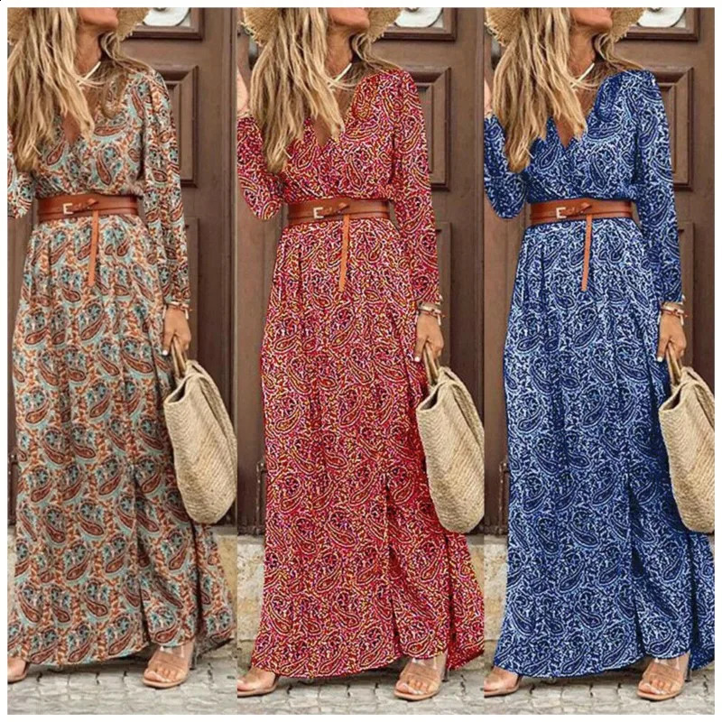Autumn And Winter Long Sleeved V-neck Bohemian Floral Dress Womens Print With Belt OL Commuting Split Maxi Dress Femme 240824
