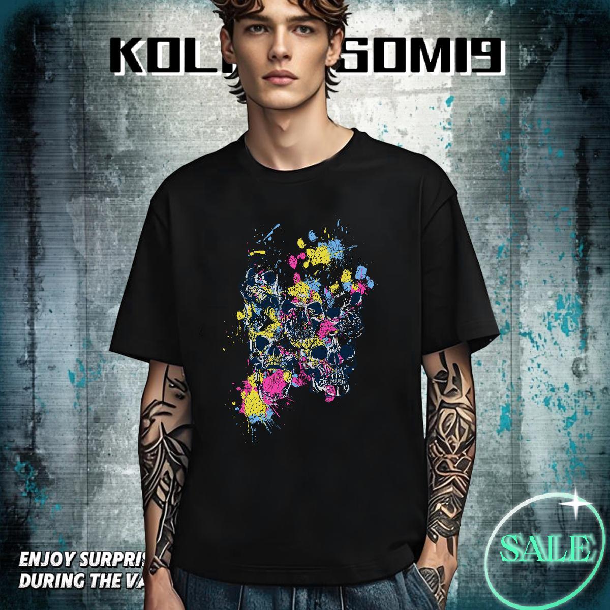 High Quality T-Shirts 230g Pure Cotton skull Street Casual Cartoon Printing L-4XL Breathable Soft Mens Tshirts Brand Tees