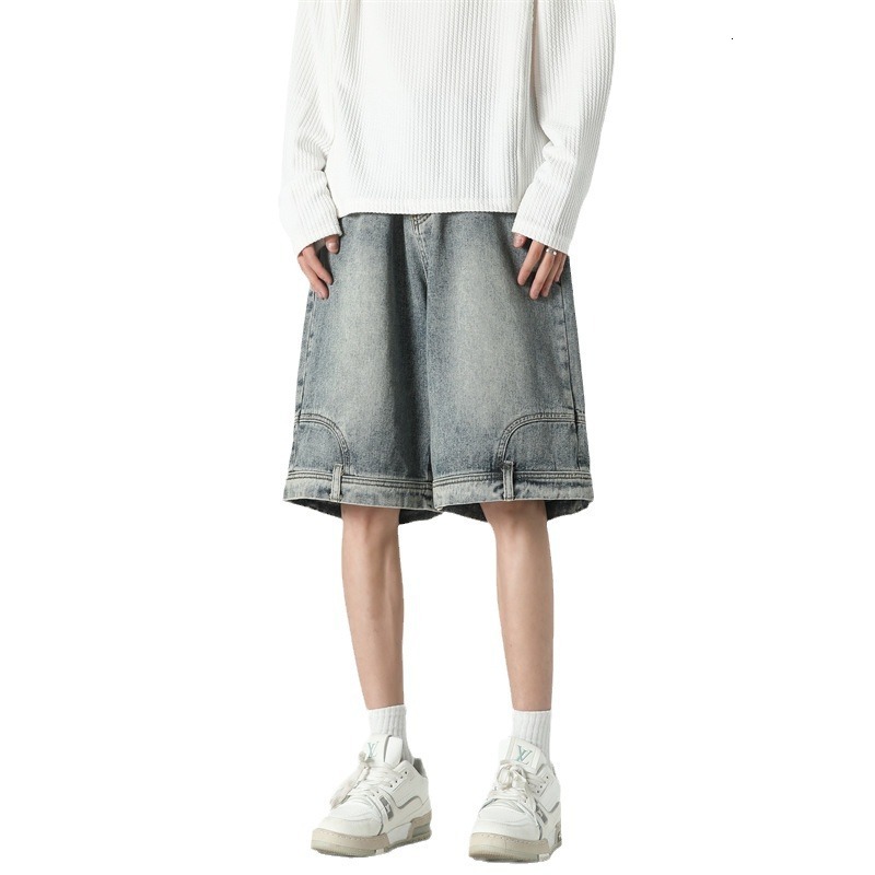 American Style Inverted Denim Shorts for Mens Summer New Trend Loose Washed and Cool Five Quarter Pants Casual and Versatile Mid Length Pants
