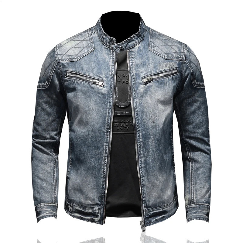 Mens wool thick street clothing denim jacket mens retro blue bomber with velvet windproof 240824