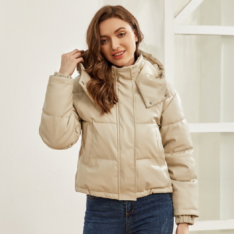 Autumn And Winter New Style Hooded Pu Jacket Womens Short Warm Bread Cotton Jacket Ins Womens Trend