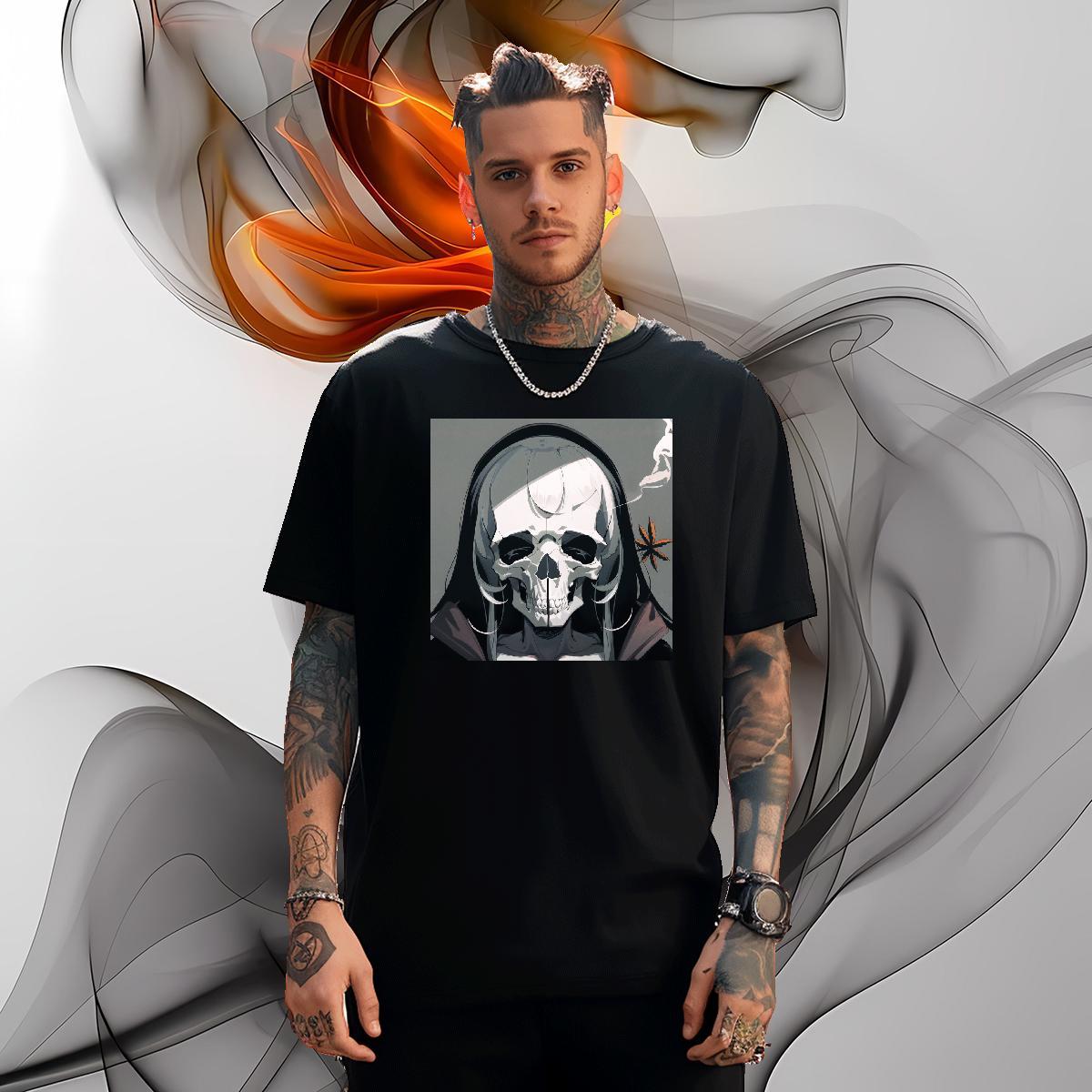 Classic T Shirt For Man 230g Pure Cotton skull Street Wear DIY Logo Oversized Round Neck Short Sleeve Mens Tshirts Fashion Polos