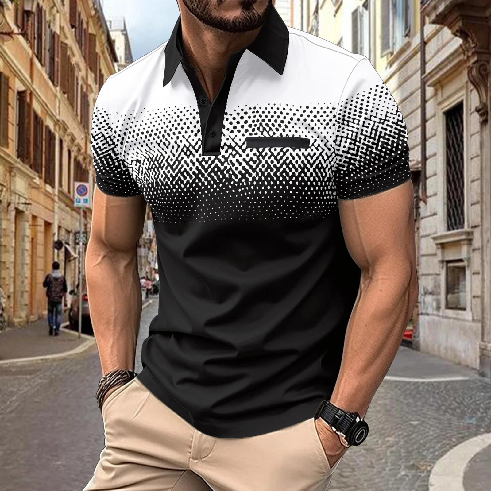 style Mens fashion summer gradient short-sleeved T-shirt Sports Outdoor fitness casual slim fit mens shirt POLO shirt 240824
