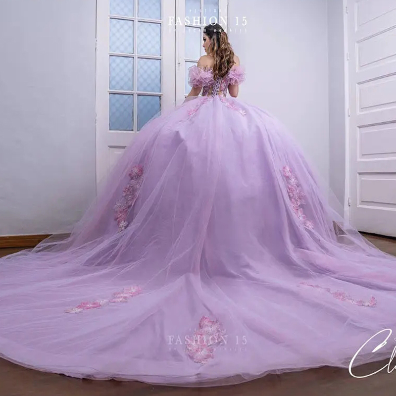 Lilac 3D wers Beading Crystal Ball Gown Quinceanera Dresses Illusion Off The Shoulder Sweet 16 Vestido De 15 Anos