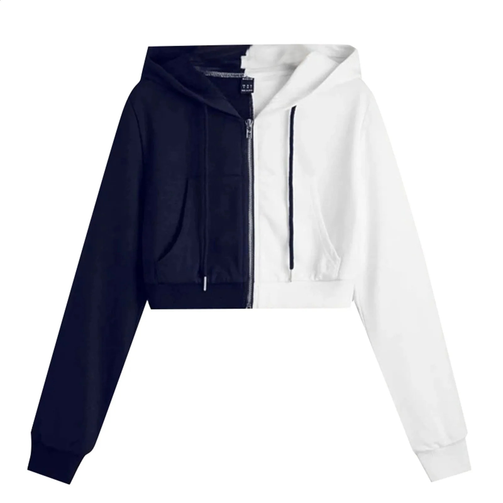 Korean Fashion Long Sleeve Streetwear Color Block Casual Zip Up Cropped Hoodies Sport Style Sweatshirt For Women 240824
