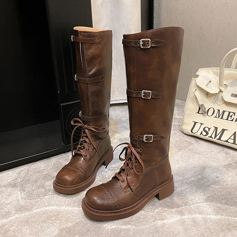 2024 Womens Fashion Buckle Knight Boots Autumn Winter Platform Knee High Boots Womens Retro PU Leather Boots 240823