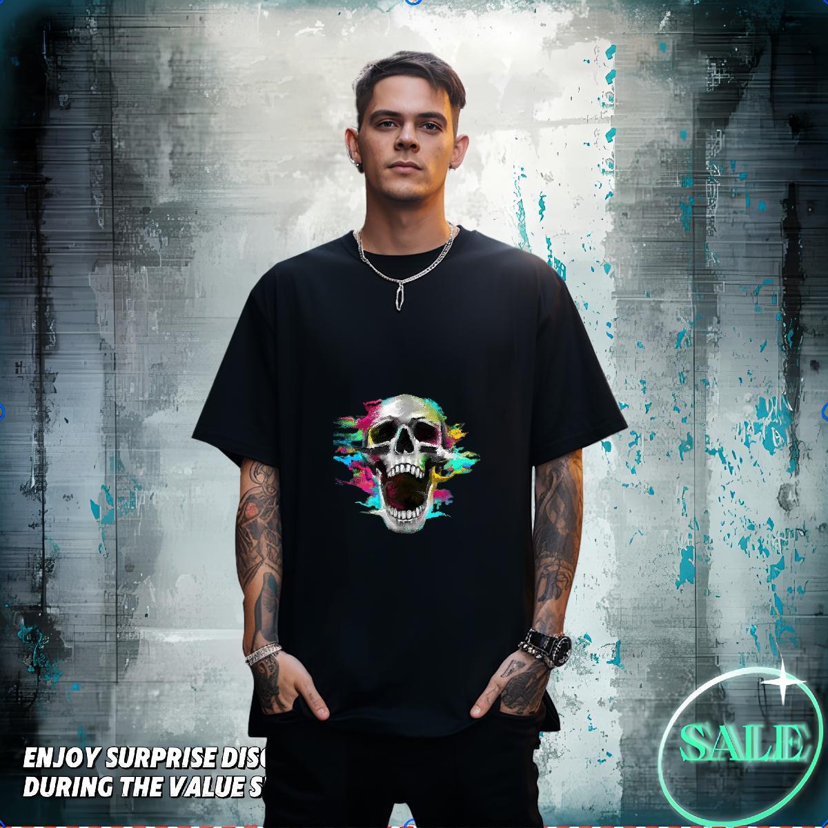 High Quality T Shirts Men 230g 100% Cotton skull Hip Hop DIY Anime Crew Neck Men Tops Tees Wholesale Tops Shirt