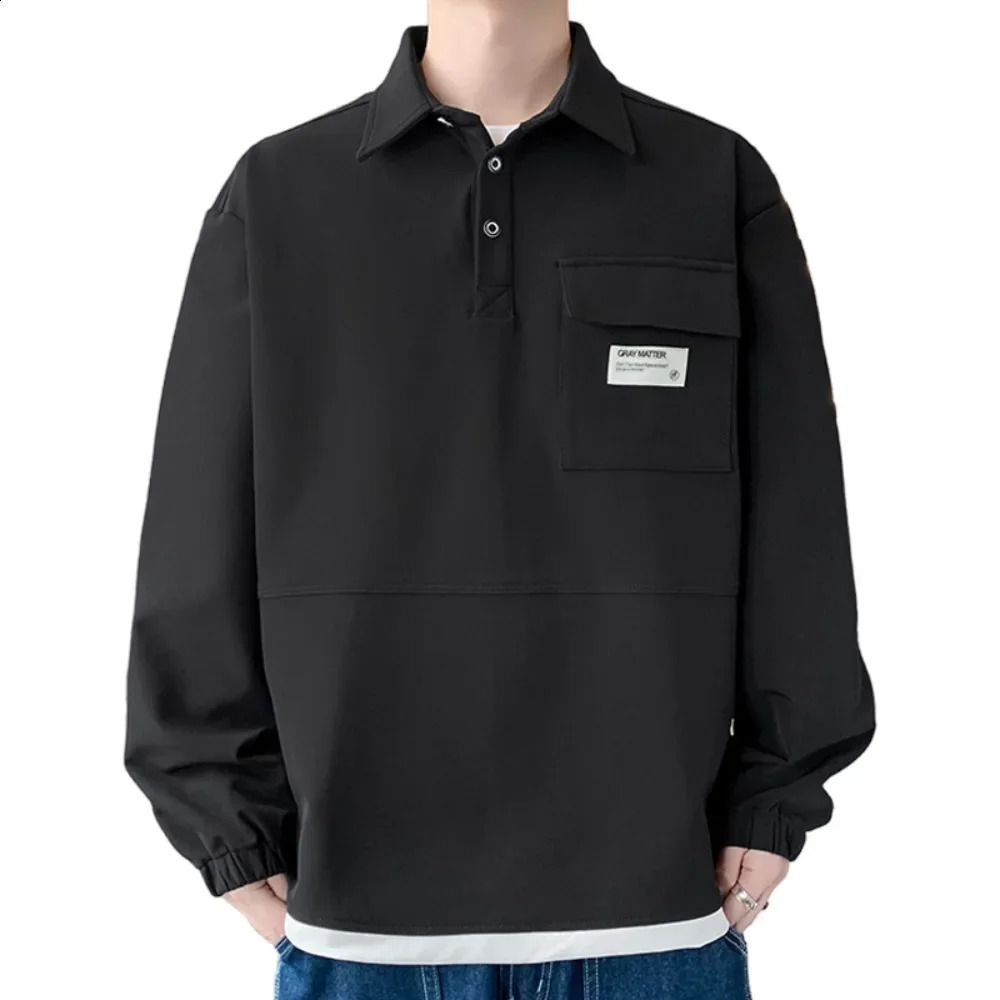 Mens Fall Casual Polo Shirts Classic Button Basic Long Sleeve with Pocket Shirt Solid Color Korean Stylish Tops Clothes For Men 240824