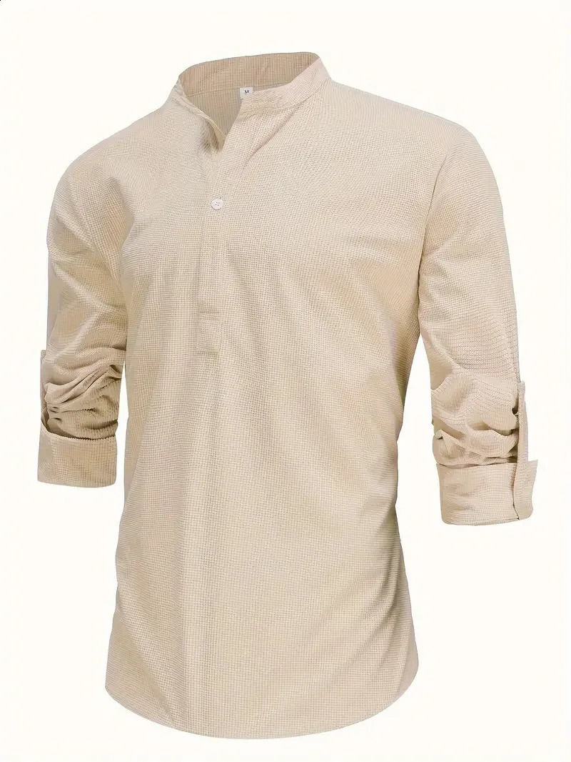 Mens Polo Shirt Autumn Mens Long Sleeve Stand Collar Waffle Fabric Polo Shirt Mens Long Sleeve Solid Color T-Shirt Loose 240824