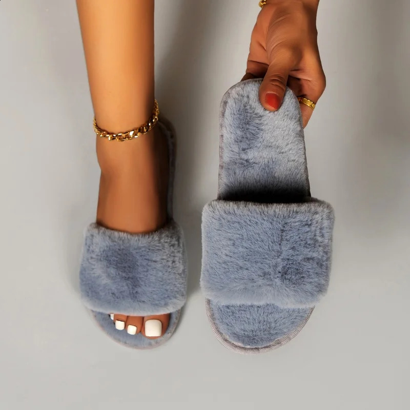 Fur Women Slippers Winter Fashion Plush Shallow Mouth Indoor Outdoor Flip-flop Casual Bedroom Solid Color Slides Flat Shoes 240819