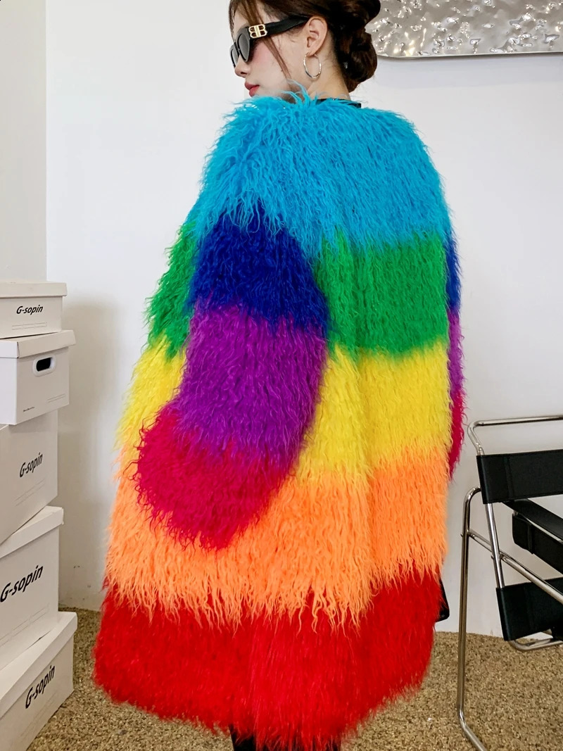 Original n Rainbow faux fur coat womens spliced contrasting color long jacket furry winter 240824