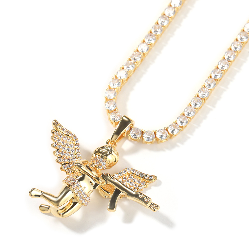Hip Hop Revenge Angel with Gun Pendant Necklace Full Zircon Winging Angel Men Women Lover Couple Jewelry
