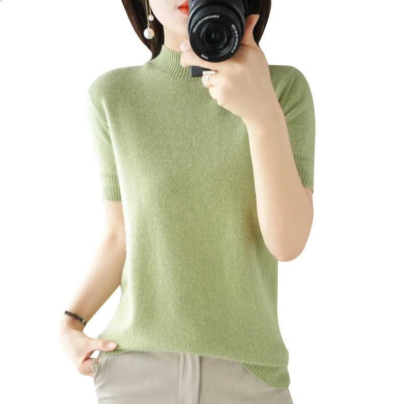 Spring Autumn Women Sweater Casual Warm Bottoming Shirts Mock Neck Basic Knitwear Short Sleeve Pullovers Korean Fashion Jumper 240824