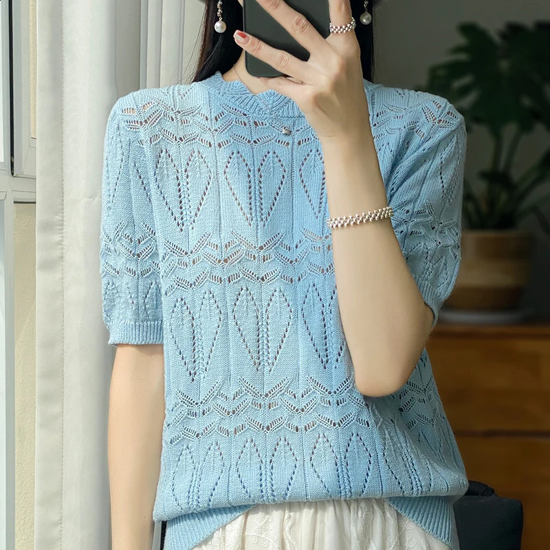 Pure Cotton Round Neck Sweater T-shirt Casual Solid Color Top Loose Hollow Pullover Short Sleeve Knitted Fashion T-shir 240824