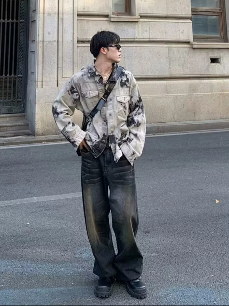 Tie dye denim jacket mens personalized streetwear cool and chic hiphop style fashionable highend loose comfortable European 240824