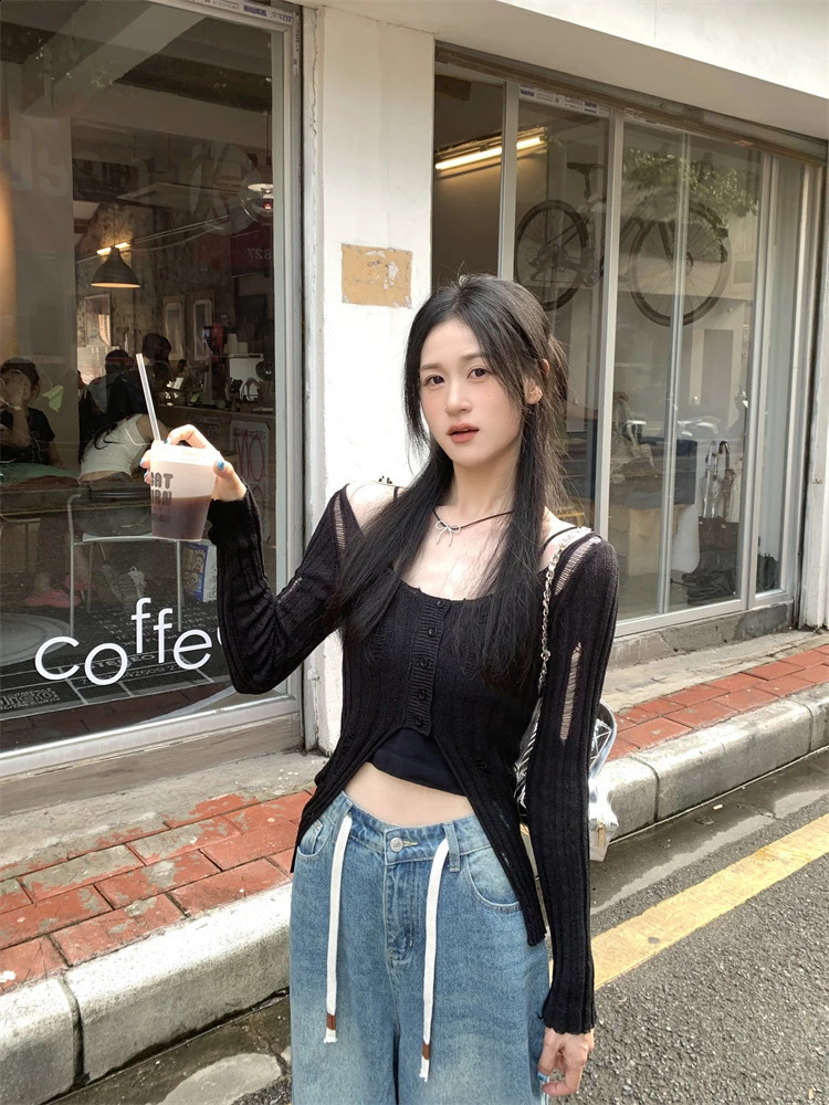 Thin Sexy Solid Knitted Top Women Summer Long Sleeve Crew Neck Cardigans Buttons n Hollow Out Korean Style Knitwear 240824