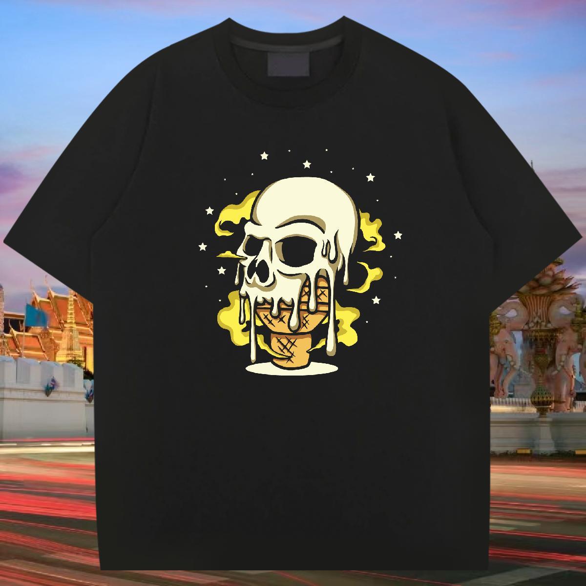 Loose T Shirt For Man 100% Cotton 230g skull Anime Printing Street Oversized 4XL Breathable Men Tshirts Casual New Polos