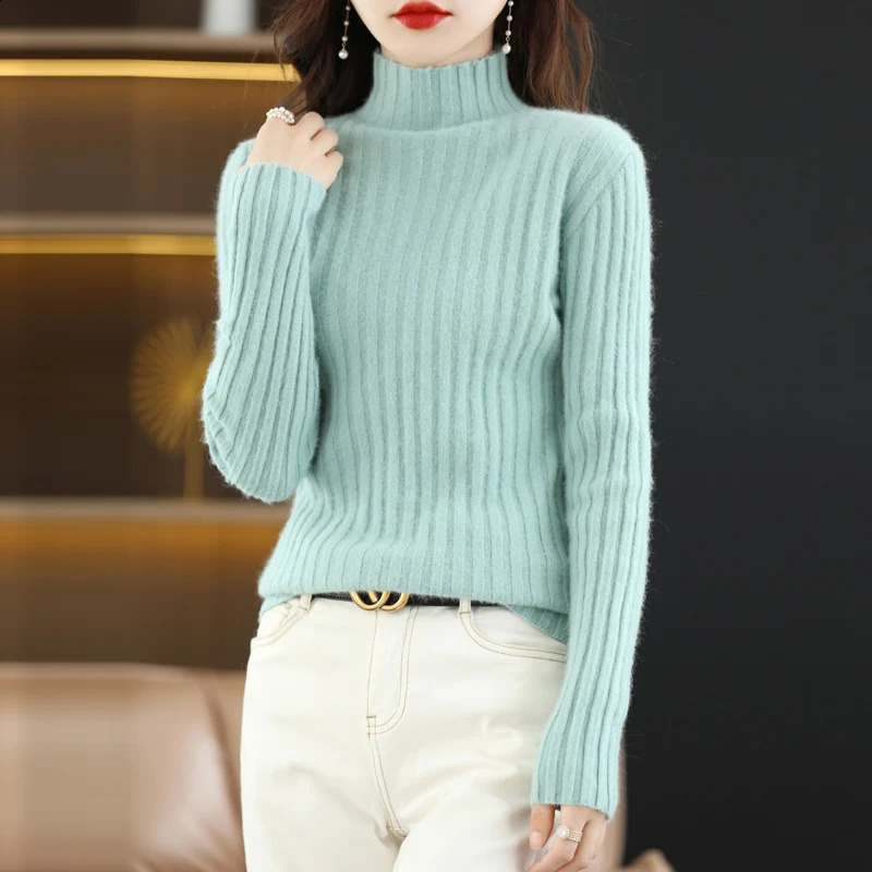 100% Mink Cashmere Womens Sweater Knitted Long Sleeve Pullover Half High Collar Loose Underlay Soft Fashion Womens Top 240824