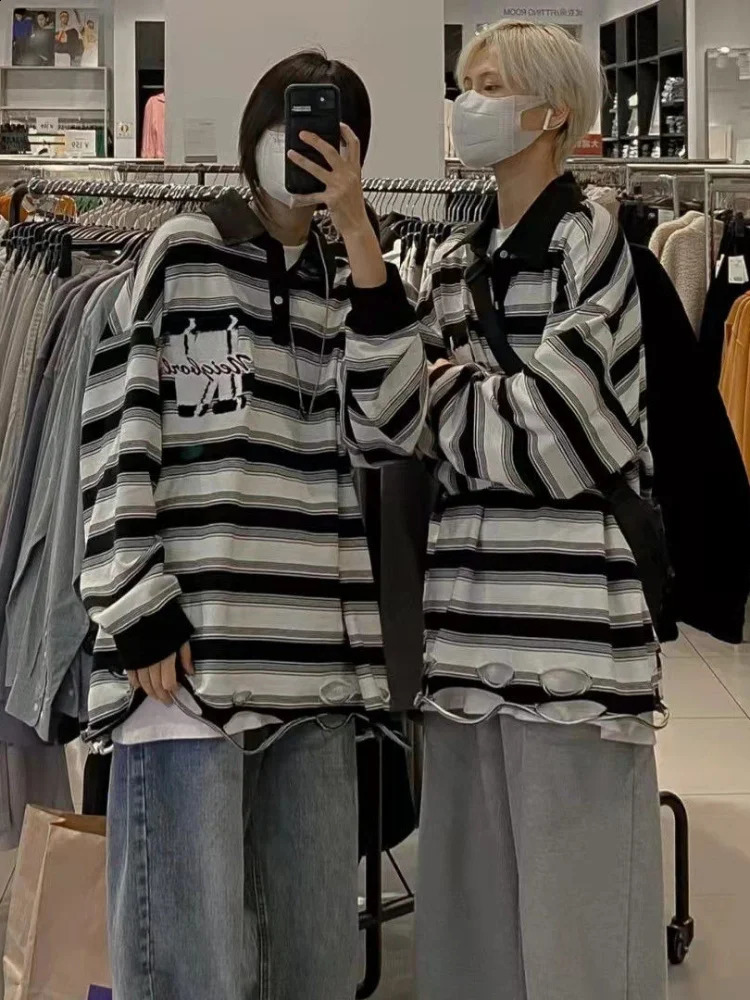 Striped Vintage Shirt Unisex Long Sleeve Preppy Lapel Top Spring Autumn Loose Grunge Blouse Men Women Streetwear 240824