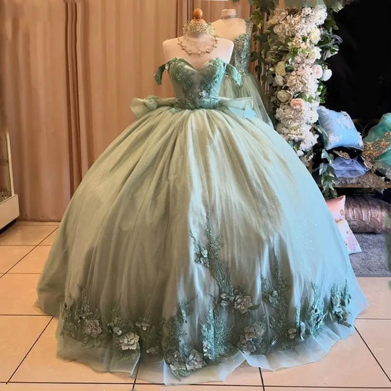 Mint Green 3D wers Appliques Lace Tull Quinceanera Dresses Ball Gown Off The Shoulder Ruffles Bow Sweet 15 Birthday Party