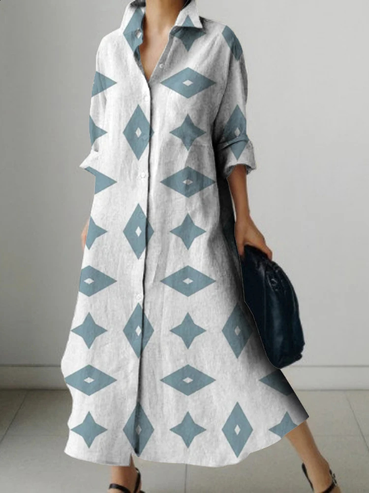 Womens Lapel Shirt Dress Long Sleeves Simple Geometric Print n Loose Dress Breathable Comfortable Spring And Summer 240824