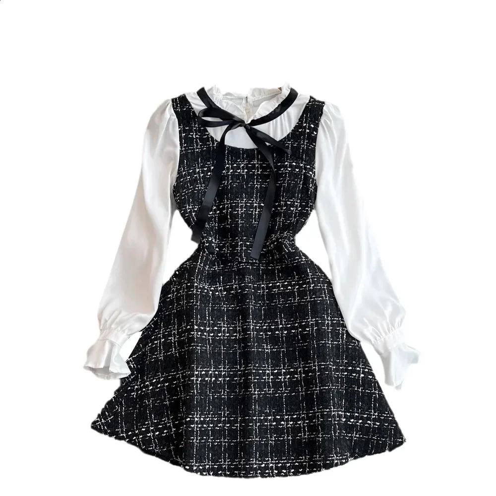 False Two Pieces Dresses for Women Plaid Patchwork Stand Collar Long Sleeve Tweed Vestidos Autumn Female Dress Drop 240824