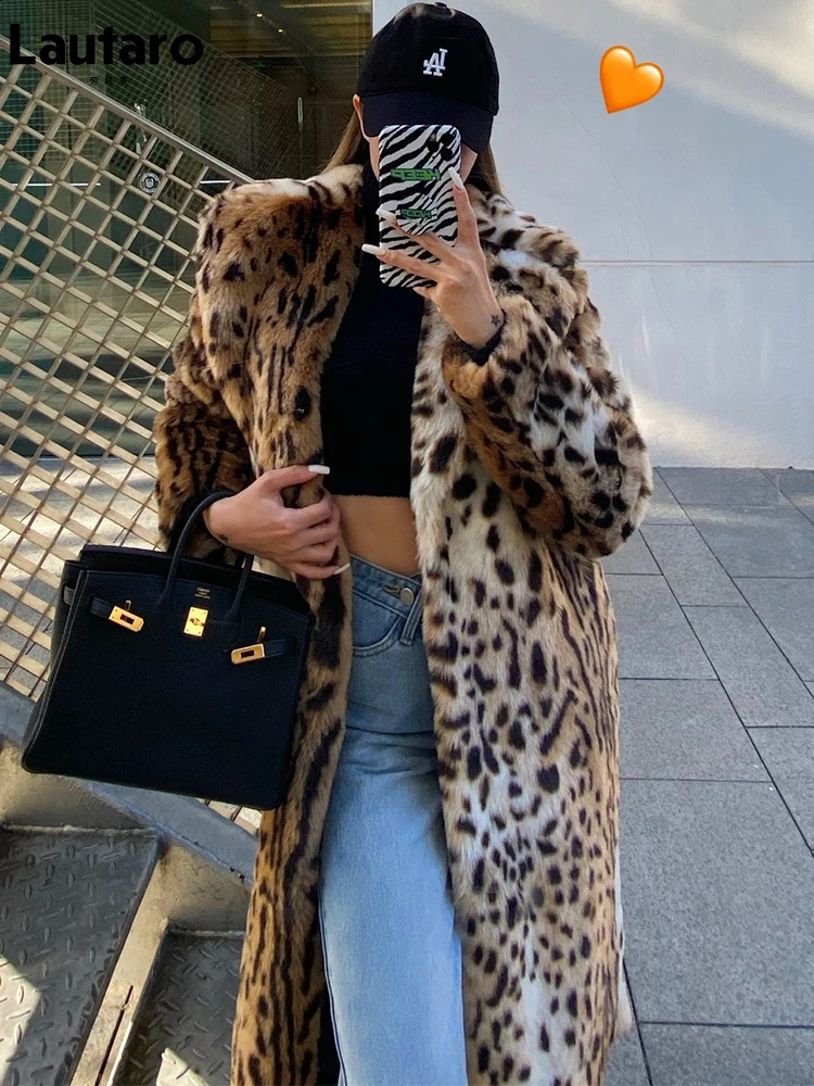 Lautaro Winter Long and Warm Thick Panther Fluffy Artificial Fur Coat Womens Tiger Printed Runway Loose y ner Clothing 240824