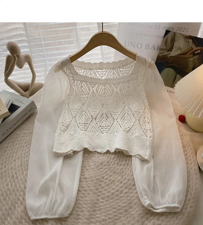 OUMEA Women Cotton Crochet Blouse With Long Chiffon Puff Sleeve Casual Tops Square Neckline Knit Shirts Korean Style Tops 240824
