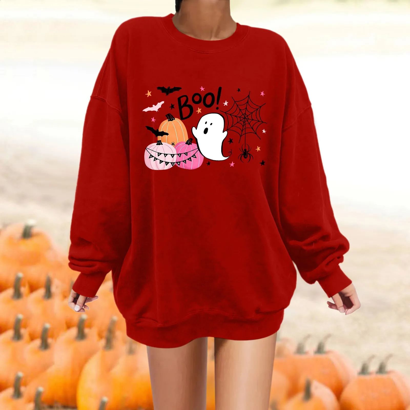 Cute Ghost Multi-Element Printed Womens Halloween Hoodie Solid Color Simple Fashion Trend Casual Hoodie Loose Warm Jumper 240824