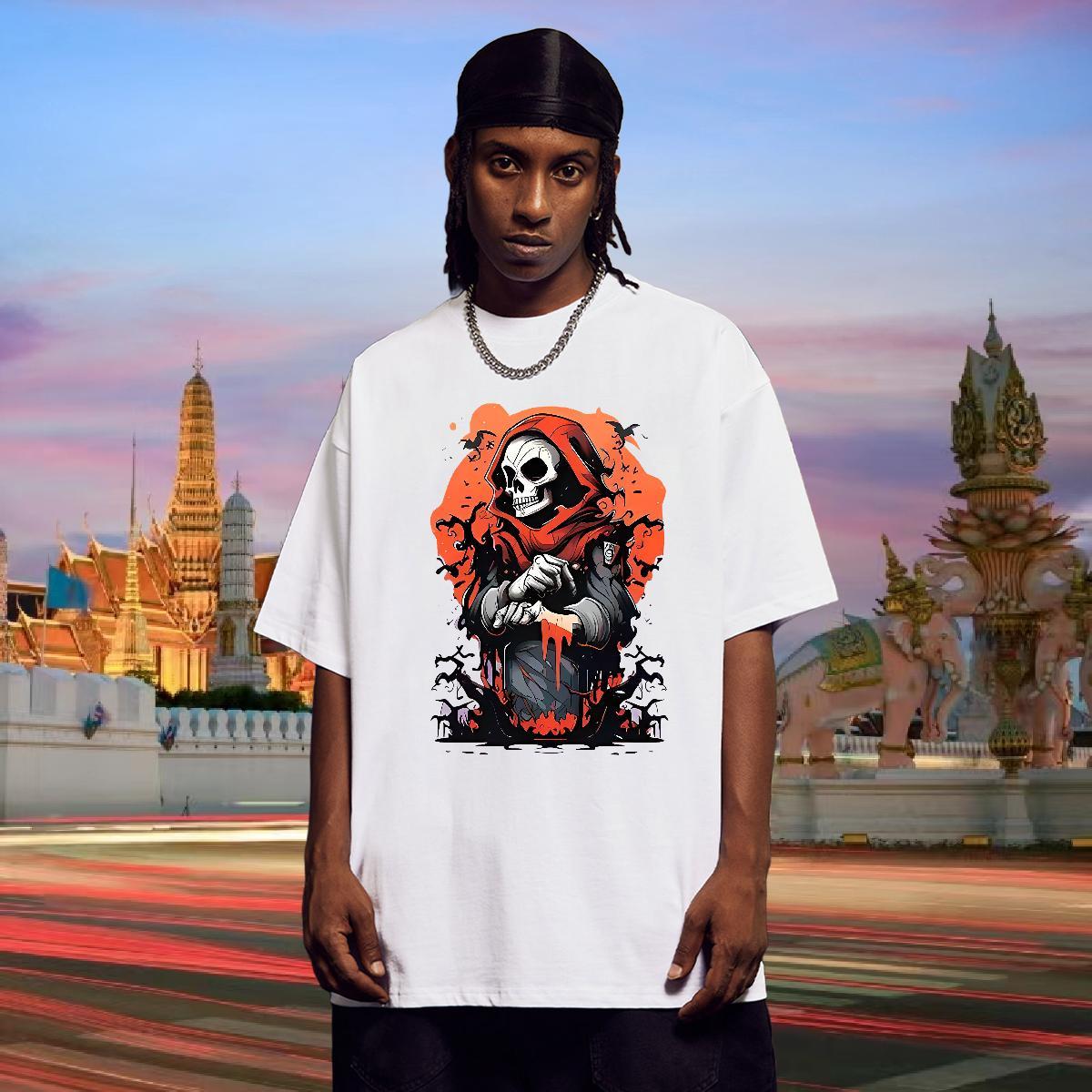 Popular T Shirts Men 100% Cotton 230g skull Hip Hop Street Oversized Round Neck Short Sleeve Mens Tshirts Stylist Tops