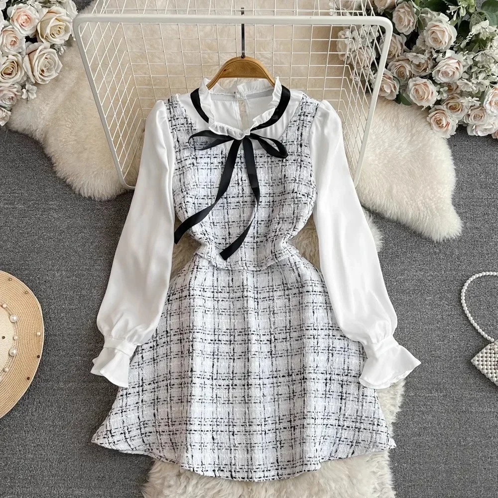 False Two Pieces Dresses for Women Plaid Patchwork Stand Collar Long Sleeve Tweed Vestidos Autumn Female Dress Drop 240824
