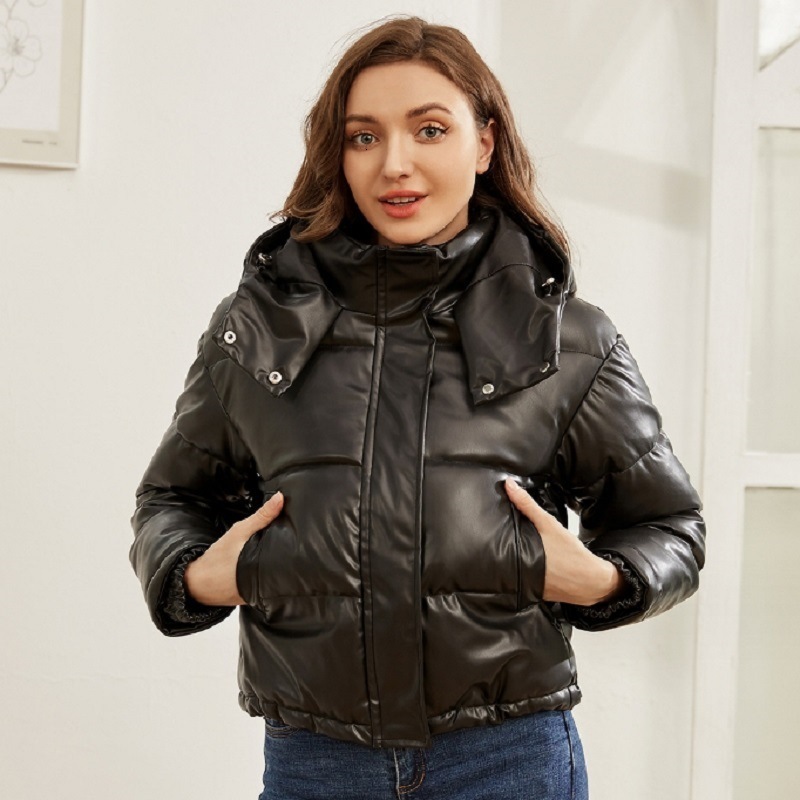 Autumn And Winter New Style Hooded Pu Jacket Womens Short Warm Bread Cotton Jacket Ins Womens Trend