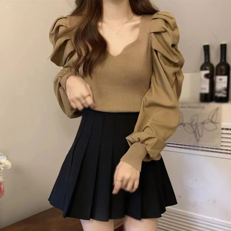 Puff Sleeve Knitted Shirt Slim Fit Outer Wear Long Sleeve Square Neck Autumn Elegant Womens Top V-neck All-match Pullovers 240824