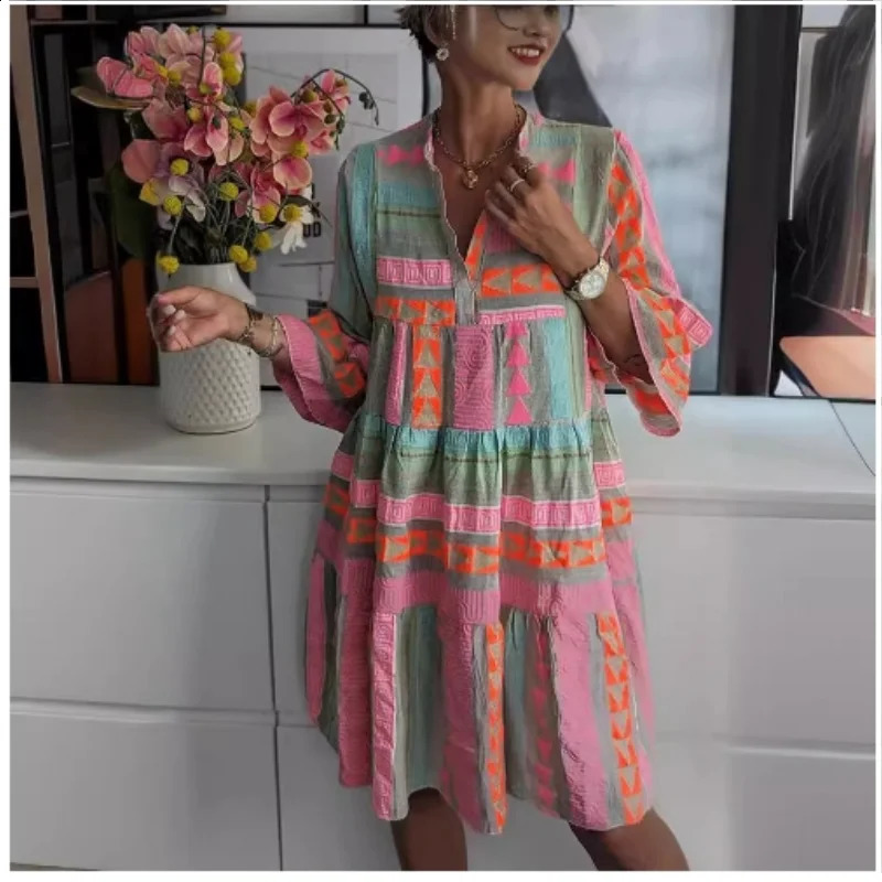 Womens Sexy V-neck Ruffled Bohemian Mini Dress Spring Vintage Print A-line Holiday Casual Autumn 3/4 Flared Sleeves Dresses 240824