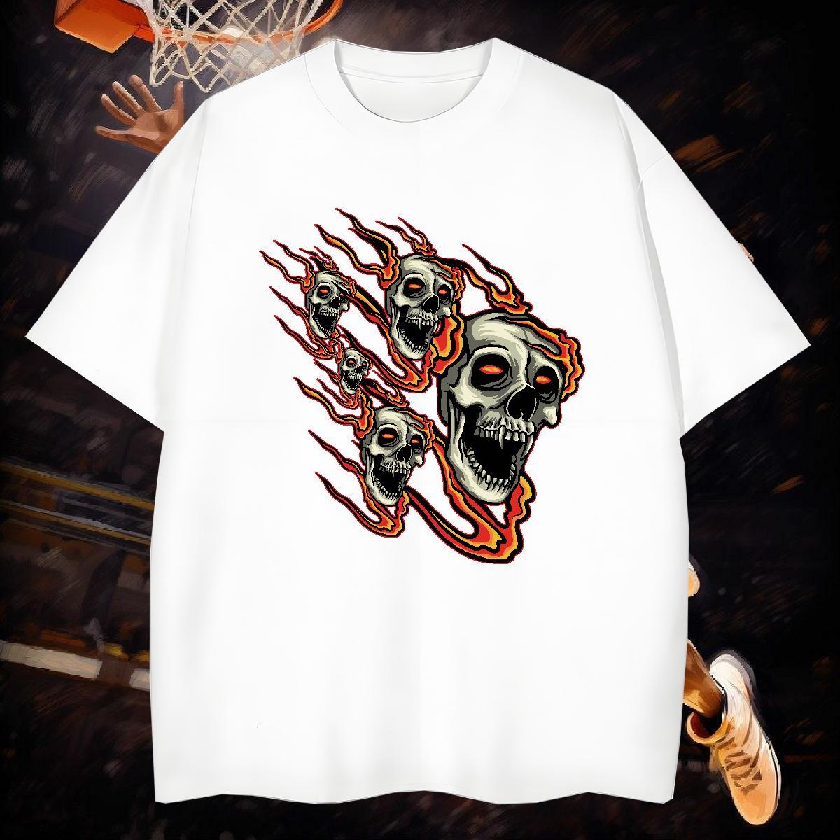Free Shipping T shirt 230g Cotton skull High Street Hip Hop Black White Crew Neck Mens Tshirts Fashion New Tops