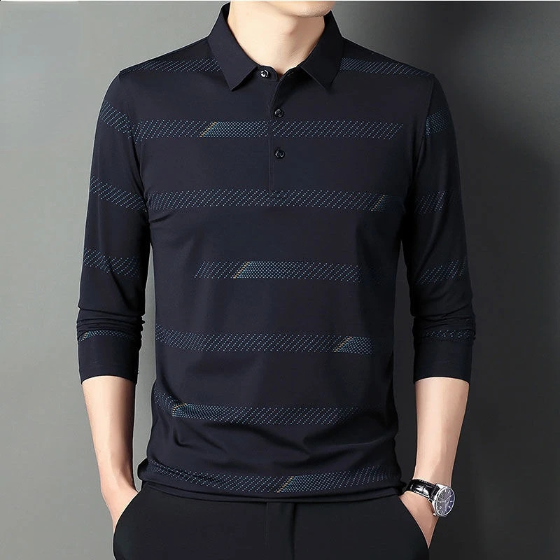 Fashion Men Long Sleeve Cotton Stripe Polo Shirts Spring Autumn Korean Casual Male Clothes Lapel Loose Streetwear Tops 240824