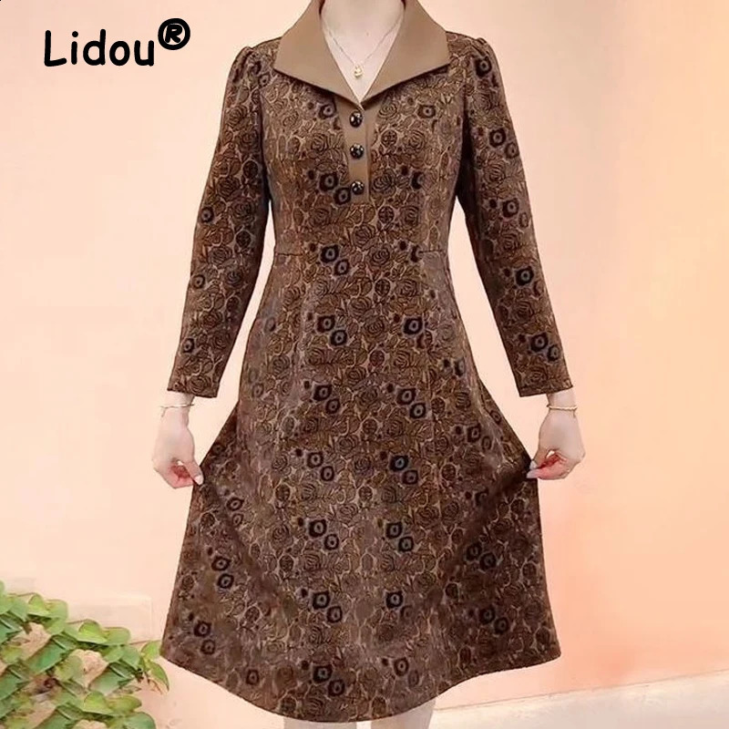 Middle-aged Elderly Women Clothing Autumn Winter Fashion Vintage Print Elegant Midi Dress Casual Pocket Long Sleeve Slim Dresses 240824