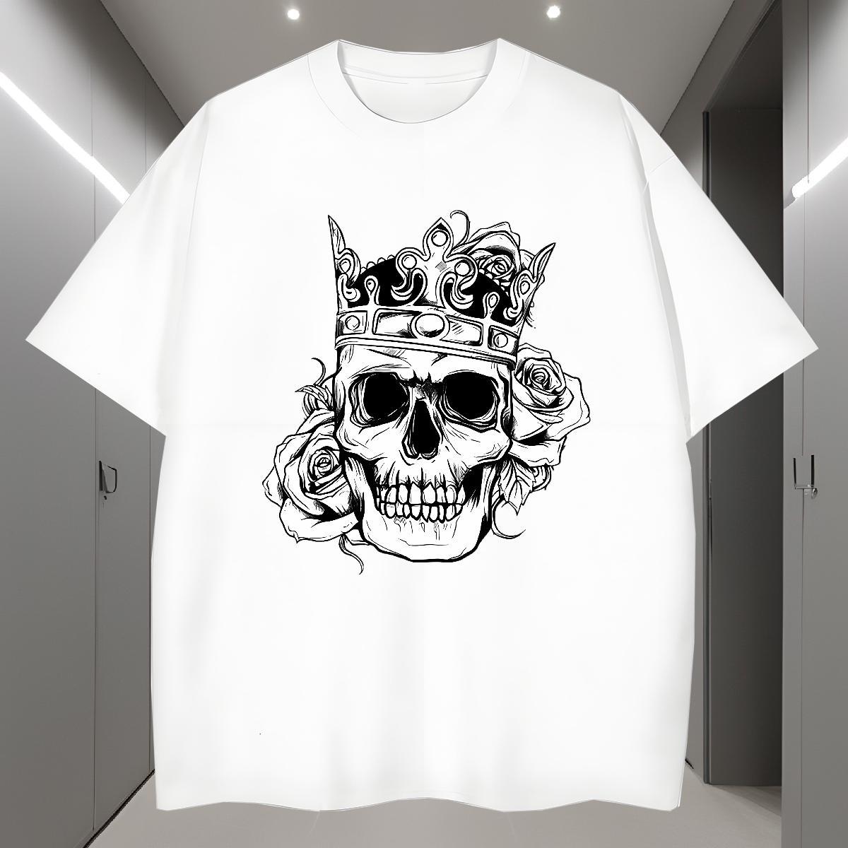 TOP Quality T shirt 230g 100% Cotton skull Summer Casual Floral Print Round Neck Short Sleeve Men Tees Classic Tops Tees
